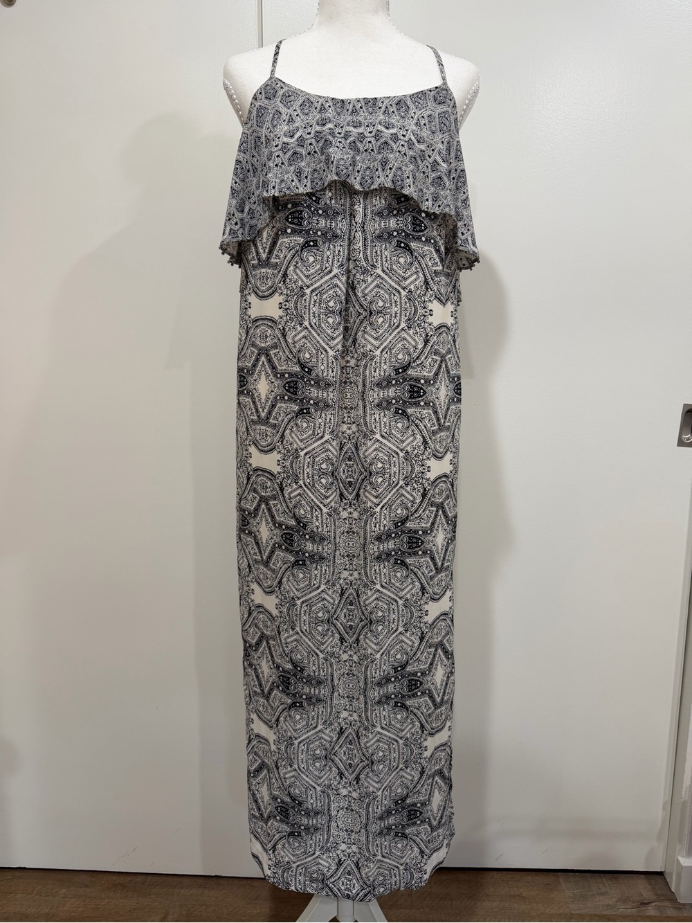 Black & Cream Printed Ruffle Maxi Dress